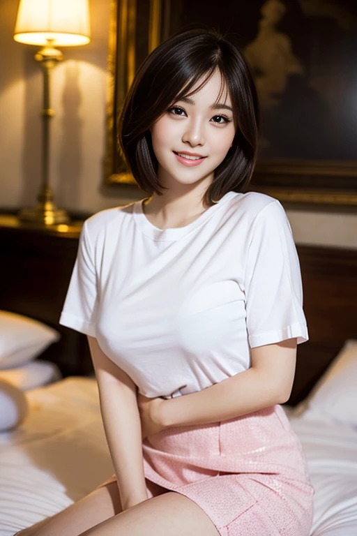 a gorgeous lady, age 22, white Knit T-shirt, pink pleated miniskirt, resting on a hotel bed, romantic pose, smooth long legs, dimples, shy smile, short bob hair, cute snaggleteeth, well-endowed round bosom, photorealistic, beautiful detailed face, beautiful detailed eyes, hyper-realism, high contrast, ultra HD, realistic skin textures, top image quality, top-quality, super high resolution, fine details, very meticulously, bokeh background, romantic atmosphere 