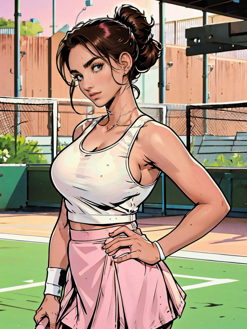 Extremely busty thin and toned brunette photographer, college girl, fair skin, loose updo, soft face, athletic, white tank top, pink skirt. detailed background, tennis court.