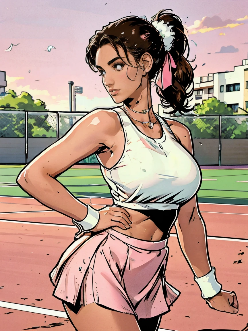 Extremely busty thin and toned brunette photographer, college girl, fair skin, loose updo, soft face, athletic, white tank top, pink skirt. detailed background, tennis court.
