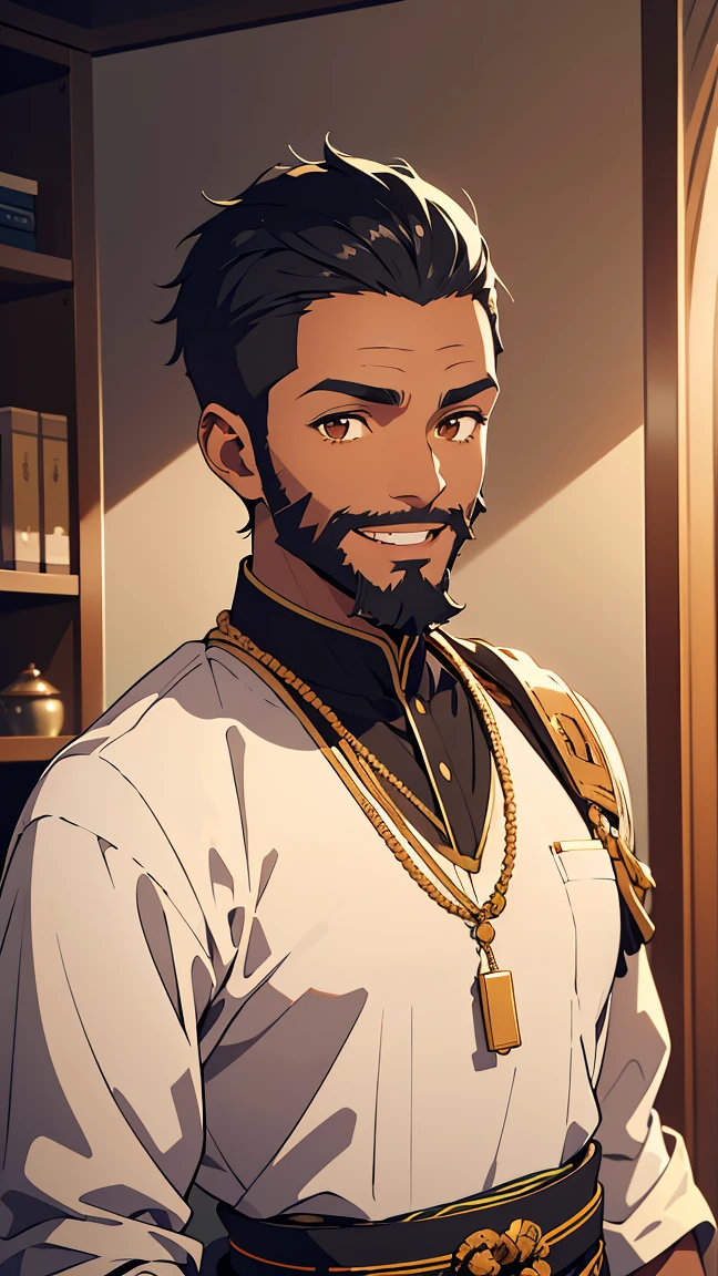 African,man1,(black skin),round face,brown eyes,black hair,(fade haircut,beard,smile),upper body,arms,waist belt,(black Arabic costume for man),highly detailed CG, unit, 8K wallpapers, highest quality, high resolution, beautiful lighting, realistic shadow,detailed face Highly,detailed eyes Highly,detailed hair Highly