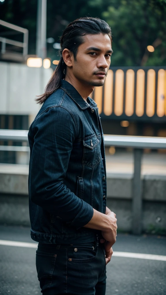 a handsome man, 30 years old, indonesian, modern mullet hairstyle, wearing a black shirt, blue denim jacket, black jeans, athletic body, camera angle from the side, mountains in the background, (best quality,4k,8k,highres,masterpiece:1.2),ultra-detailed,(realistic,photorealistic,photo-realistic:1.37),portrait,HDR,studio lighting,vivid colors,bokeh
