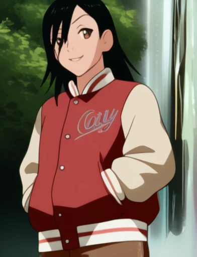 score_9, score_8_superior, score_7_superior, sauce_anime, minamimaho, Letterman Jacket,
One girl, waterfall, Are standing, Look to the side, in, smile