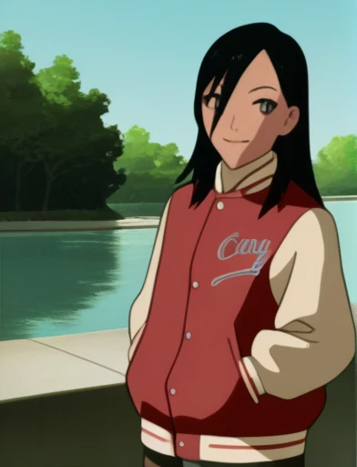 score_9, score_8_superior, score_7_superior, sauce_anime, minamimaho, Letterman Jacket,
One girl, waterfall, Are standing, Look to the side, in, smile