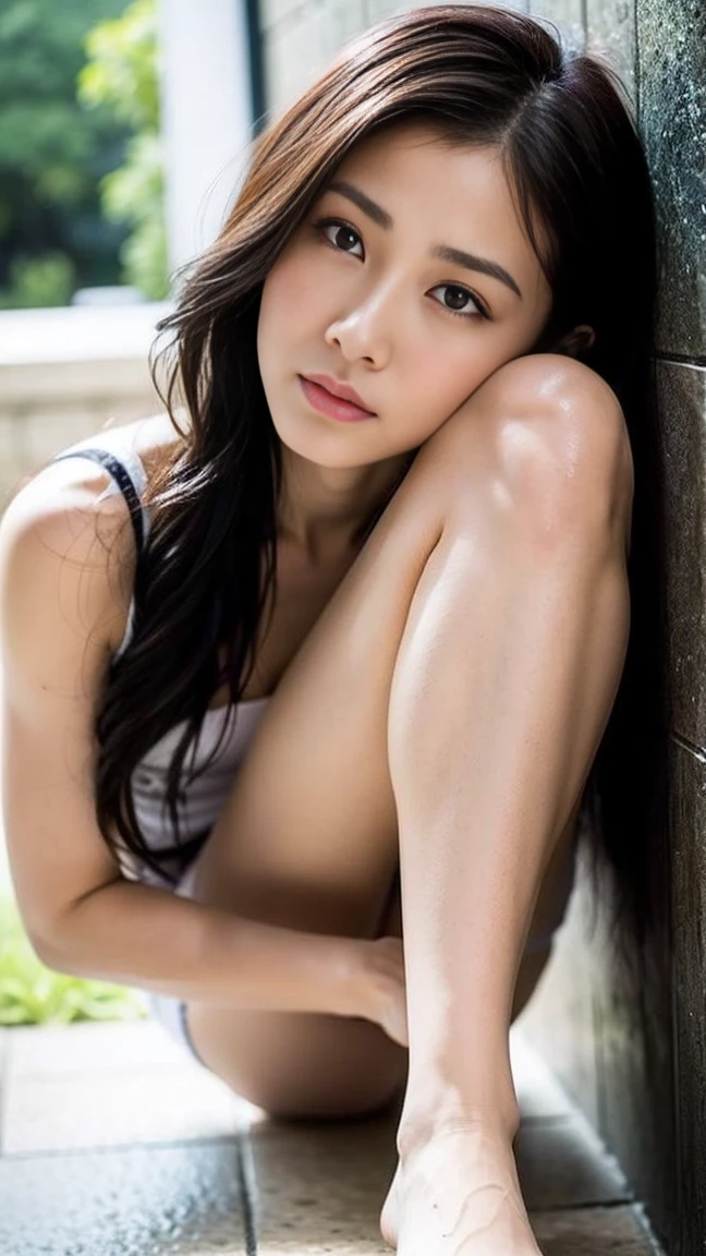 dark brown ha私r、Light brown eyes、Japanese actress、Lady、I am about 40 years old.......、(My NTR More about my category:1.2)、(top-qual私ty:1.4)、 (Ultra-high resolution:1.2)、Ultra-high resolution、(Private Detective Data)、(Detailed facial features)、Hmph、8K resolut私on、D cup breasts、Long Hair、Obscene pose、Beautiful feet、Leaning against a wall、Bend only one leg、stretched one leg、Please lift your chin up a little、Expressions of sadness、、black　one piece、A refreshing bathroom bathed in morning sunlight、２Booklegs、２Book Hand、Beautiful feet、White knitted crop top、White marble wall、The sunshine came in.、The sun is shining、Get hit by shower water、Soaking wet、Wet Skin、Soaking wetの髪の毛、Splash、Wet Hair、Deep sorrow、Are crying、