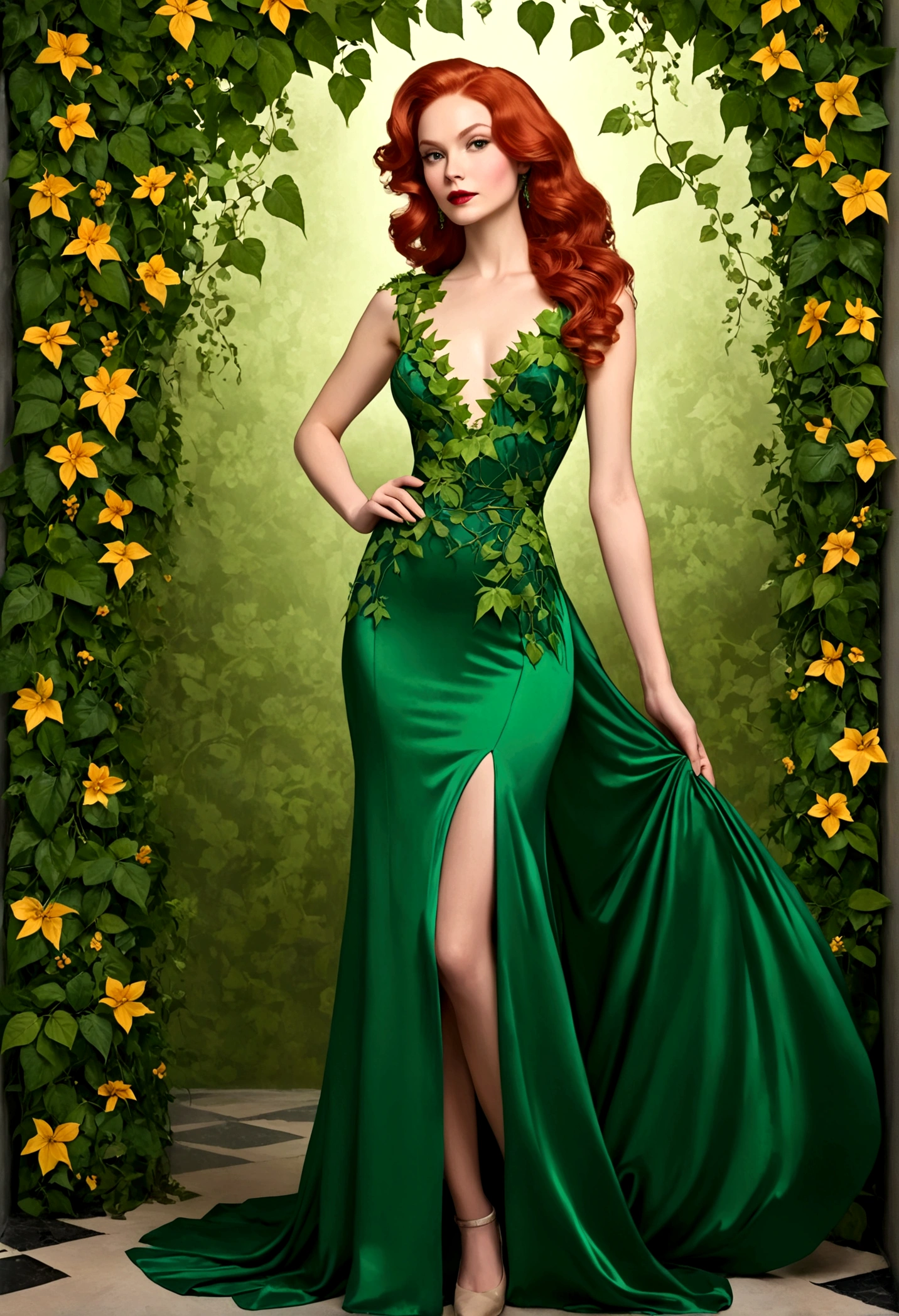 Poison Ivy (long green evening dress, over exposed, safe for work), stealing all the attention, formal affair, lots of flowers