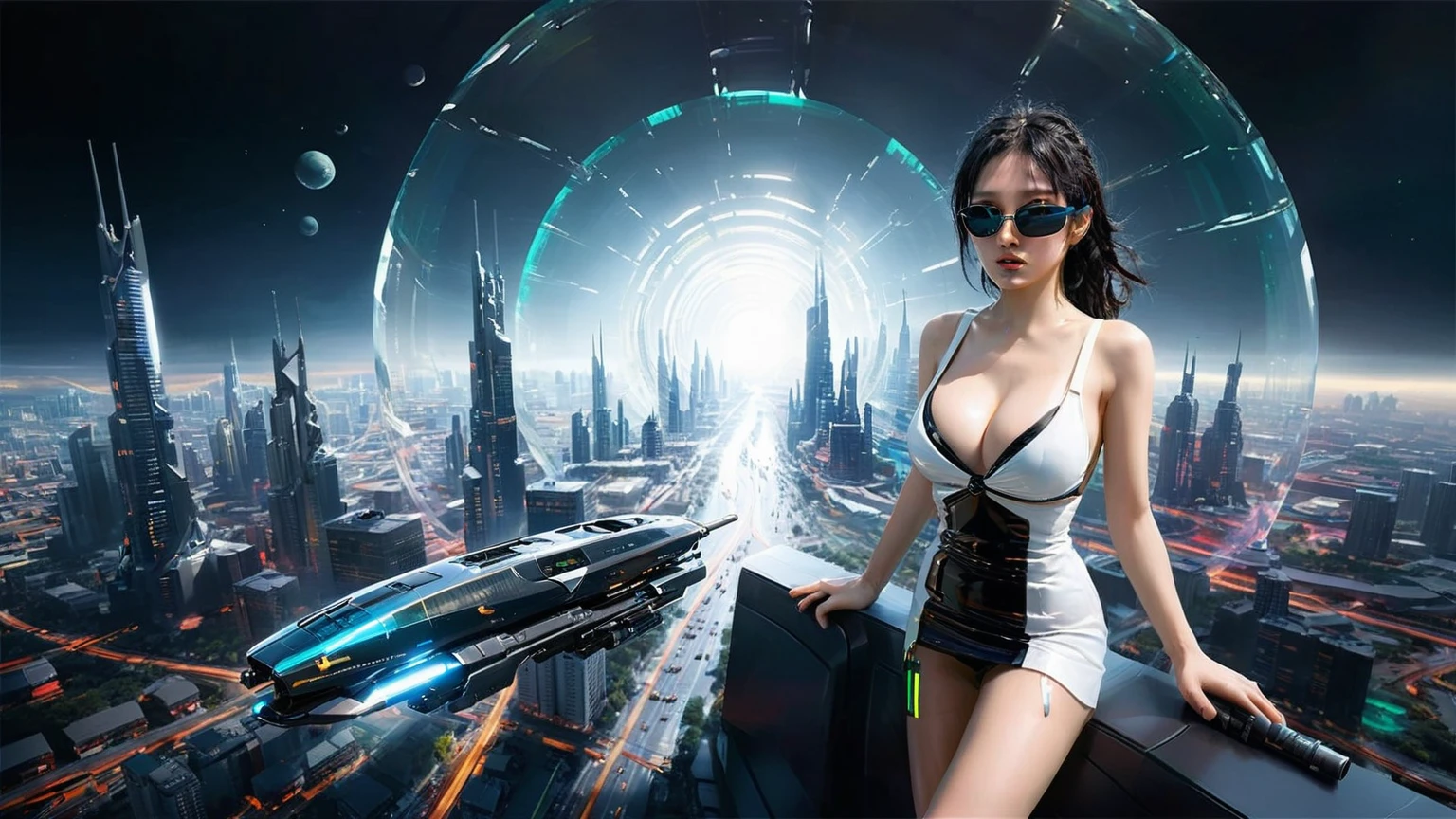 Brightly colored abstract aerial view image of a futuristic railway station with a spiral, a (((((futuristic all-glass train))))) passing by, epic beautiful space sci-fi, chaotic cinematic space rift, Greg Beeple, planets colliding, Beeple and Tim Hildebrandt, Beeple and Jean Giraud, end of the universe, (((((giant abstract sculpture))))), galaxy space sci-fi, ringworld, by Mike "Beeple" Winkelmann. Matrix style, (((((Matrix cascading code))))), (((((a futuristic twin tower skyscraper with a unique twisted design))))), (((((OLED GUI interfaces in the building))))), at night, (((((1girl, solo))))), photo realistic, (((large-breast:1.2 slim body, cleavage:1.4))), (((off broken mini sling-shirt and black sling bra, extreamly short pleated miniskirt exposing panty))), (((((running pose))))), (((((((matrix style black micro sunglasses))))))), ((((((((((aiming with a short gun)))))))))), (((((looking at camera))))), (((very low view))), (((((half-body thigh level medium shot))))), (((cinematic lighting))).