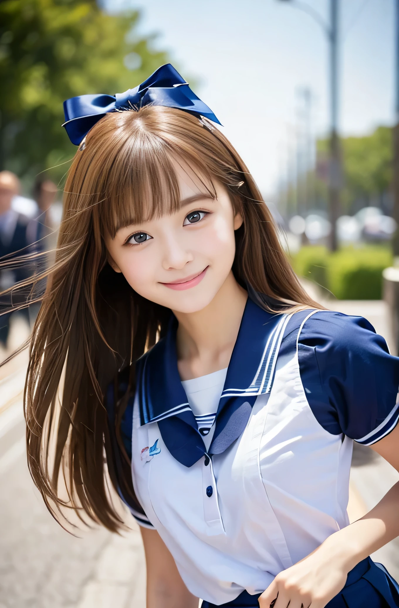 Angelic Very beautiful cute young girl, Beautiful detailed eyes ,
Detailed double eyelids,
(Large eyes:1.3),
Long straight brown hair,
see-through bangs,
beautiful detailed face and eyes,
small straight nose,
small mouth,
smiling,
BREAK (dark blue sailor high school uniform:1.3),(dark blue pleated skirt :1.3), (dark blue sailor collar high school uniform),(smiling:1.3)
Walking,
Costume lighting,
In the street ,
(Brown hair:1.2)