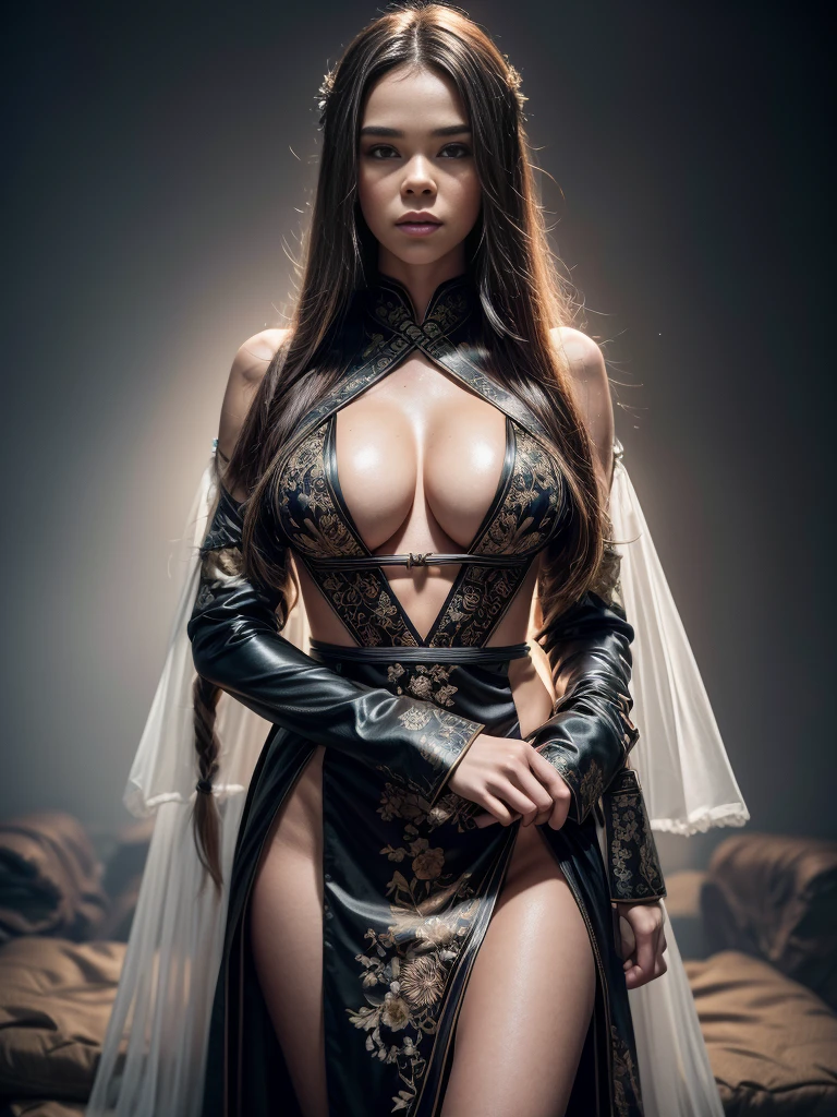 a professional studio upper-torso portrait photo of a seductive Hailee Steinfeld posing at (international motor show), wearing intricate latex (ancient hanfu dress:1.2), flowy long wide sleeve, (large breasts), (topless), (huge cleavage), moody portrait, striking features, beauty, intricate details, dramatic composition, tension, wispy hair, contrast, sweaty shiny skin, texture, realism, high-quality rendering, stunning art, high quality, film grain, Fujifilm XT3, detailed skin, volumetric fog, backless