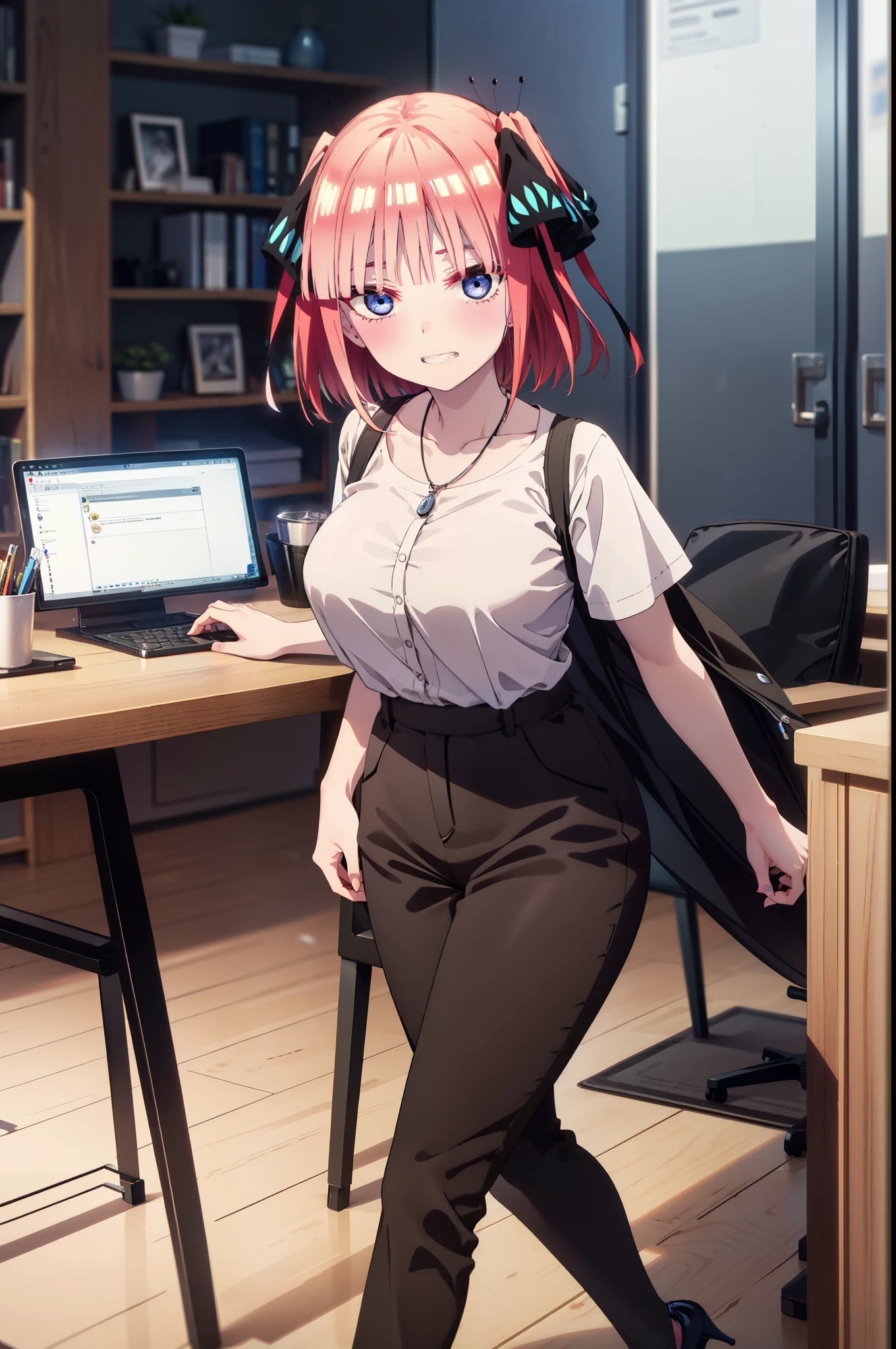 I was silent, Nakano Nino, Short Hair, bangs, blue eyes, hair ornaments, Hair Ribbon, Pink Hair, blunt bangs, Both sides up, Big Breasts,butterfly hair ornaments,Grin,White Y-shirt,Short sleeve,Heart Necklace,slacks,Stiletto heels,Walking,There is a computer on the table,whole bodyがイラストに入るように,Daytime,Clear skies,
break indoors, office,
break looking at viewer,whole body,
break (masterpiece:1.2), Highest quality, High resolution, unity 8k wallpaper, (figure:0.8), (Beautiful attention to detail:1.6), Highly detailed face, Perfect lighting, Highly detailed CG, (Perfect hands, Perfect Anatomy),