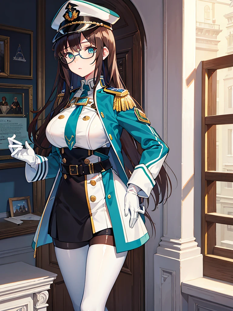 masterpiece, best quality, beautiful girl, brown hair whit white inner color, emerald green eyes, dark blue military uniform, mature_female, eye_glasses, white gloves, anime, dark blue military hat, very_long_hair, perfect body, red ribbon, commander, science_fiction, black knee-high boots, white pencil skirt , cowboy_shot, best quality, large_breasts, ultra-detailed, high quality, two-tone uniform, sci-fi, royal blue Trench Coat, fantasy world, one girl