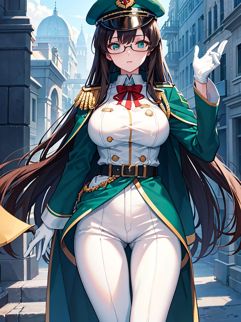 masterpiece, best quality, beautiful girl, brown hair whit white inner color, emerald green eyes, blue military uniform, mature_female, eye_glasses, white gloves, anime, blue military hat, very_long_hair, perfect body, red ribbon, commander, science_fiction, black knee-high boots, white pants , cowboy_shot, best quality, large_breasts, ultra-detailed, high quality, two-tone uniform, sci-fi, royal blue Trench Coat, fantasy world, one girl