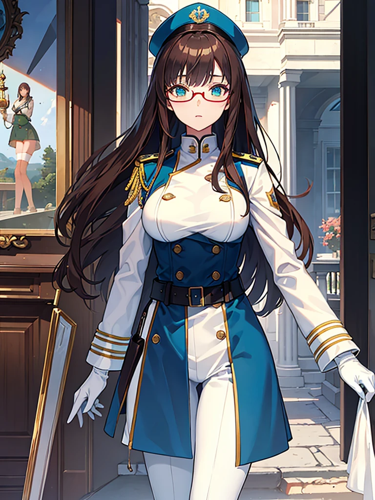 masterpiece, best quality, beautiful girl, brown hair whit white inner color, emerald green eyes, blue military uniform, mature_female, eye_glasses, white gloves, anime, blue military hat, very_long_hair, perfect body, red ribbon, commander, science_fiction, black knee-high boots, white pants , cowboy_shot, best quality, large_breasts, ultra-detailed, high quality, two-tone uniform, sci-fi, royal blue Trench Coat, fantasy world, one girl