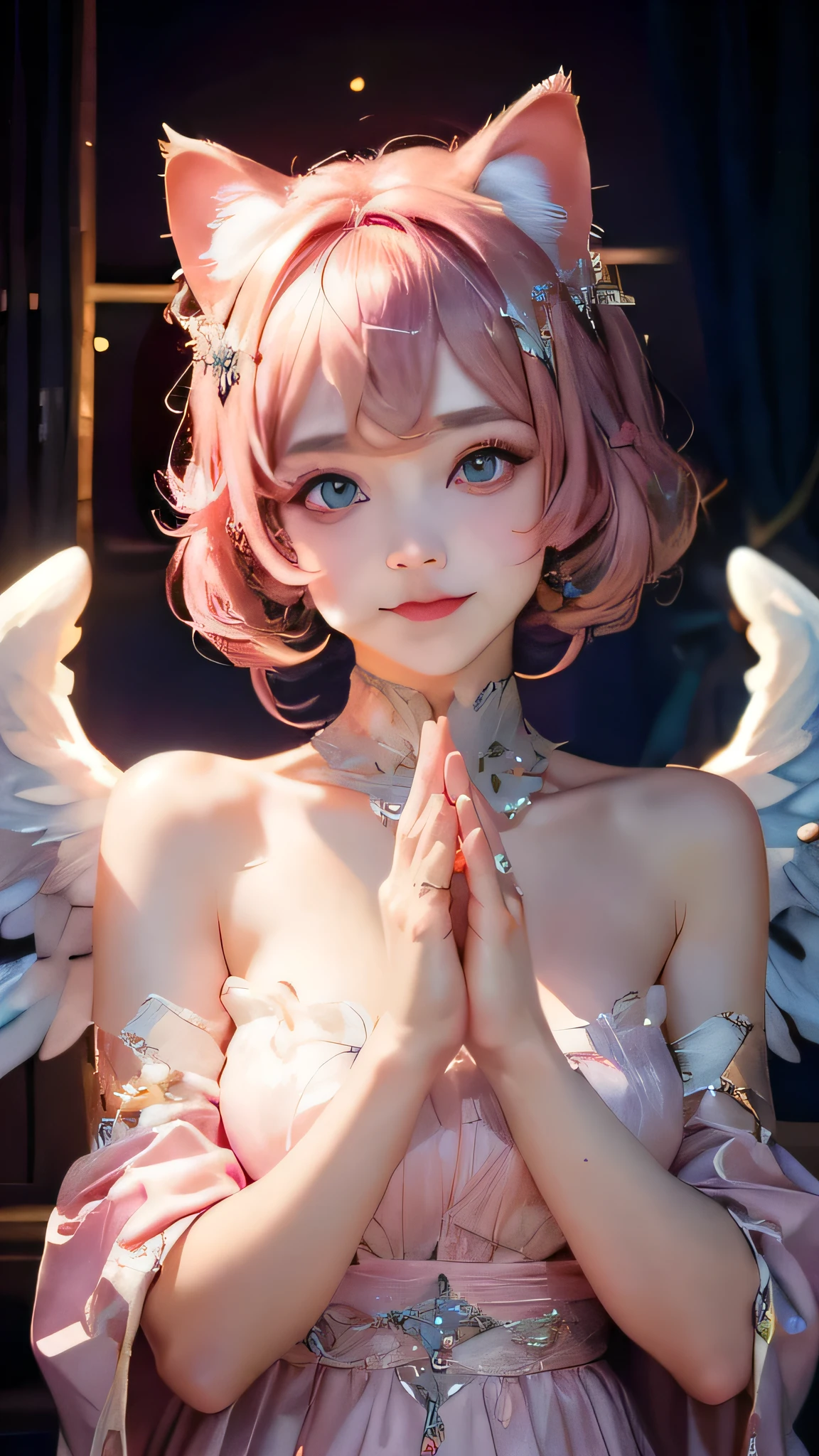 ((highest quality)), ((masterpiece)), (detailed), Perfect Face, Perfect cheeks, (goddess:1.2), pray, pink dress, (face forward:1.2), (alone), 8k, hair color pink, (Cat ear), (have confidence:1.1), pink eyes, (whole body), Sparkling Eyes, (big angel wings:1.2), smile, surprised eyes, young woman, open your eyes, join hands,
