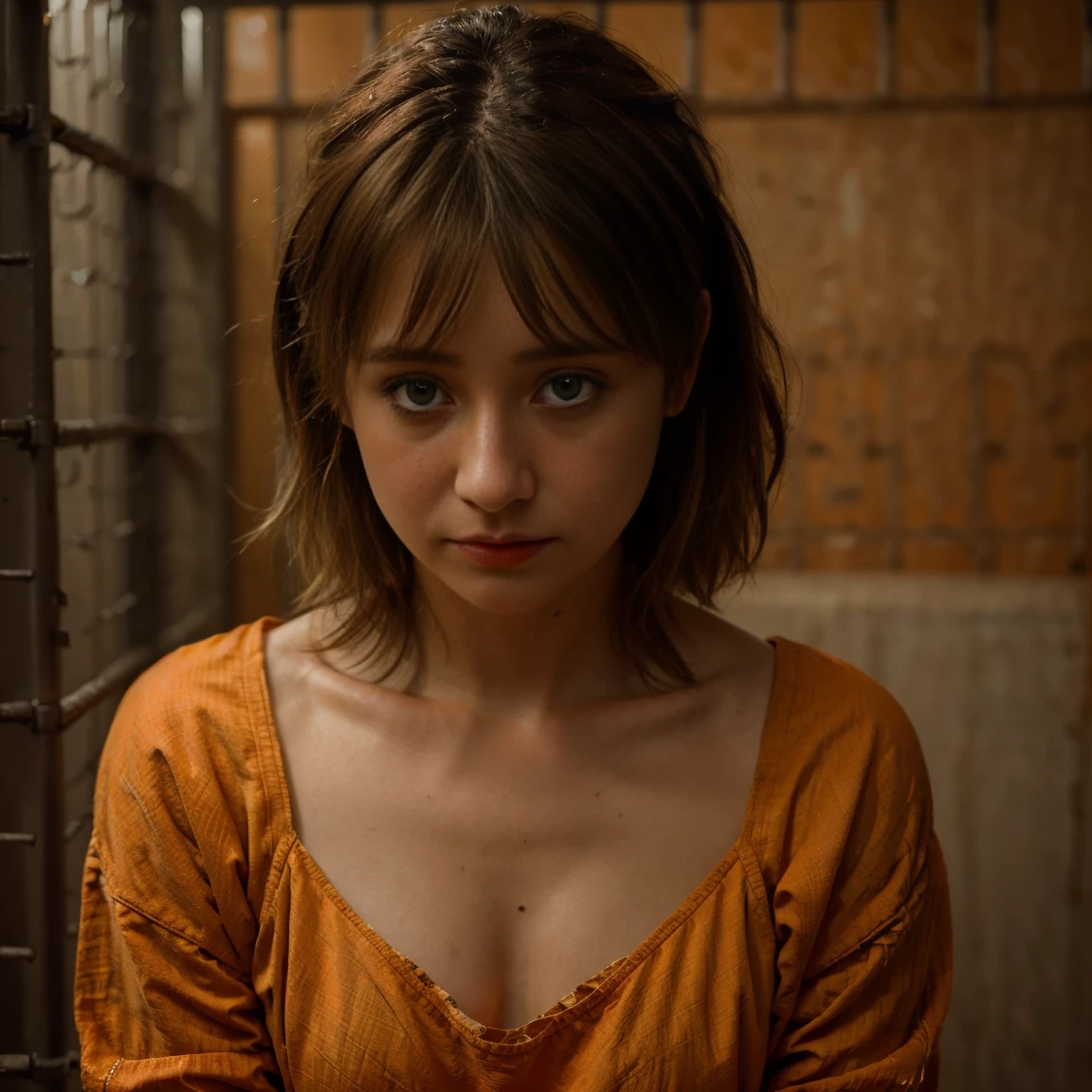 ((realism)), extremely high quality RAW photograph, detailed background, intricate, messy hair, Exquisite details and textures, highly detailed, Photo of (Allison Mack) in a prison cell, (wearing orange prison clothes:1.3), Looking away from the camera, ultra detailed photograph, warm lighting, artstation, 4k, sharp focus, high resolution, detailed skin, detailed eyes, 8k uhd, dslr, low harsh lighting, high quality, film grain, Fujifilm XT3, sad:1.3