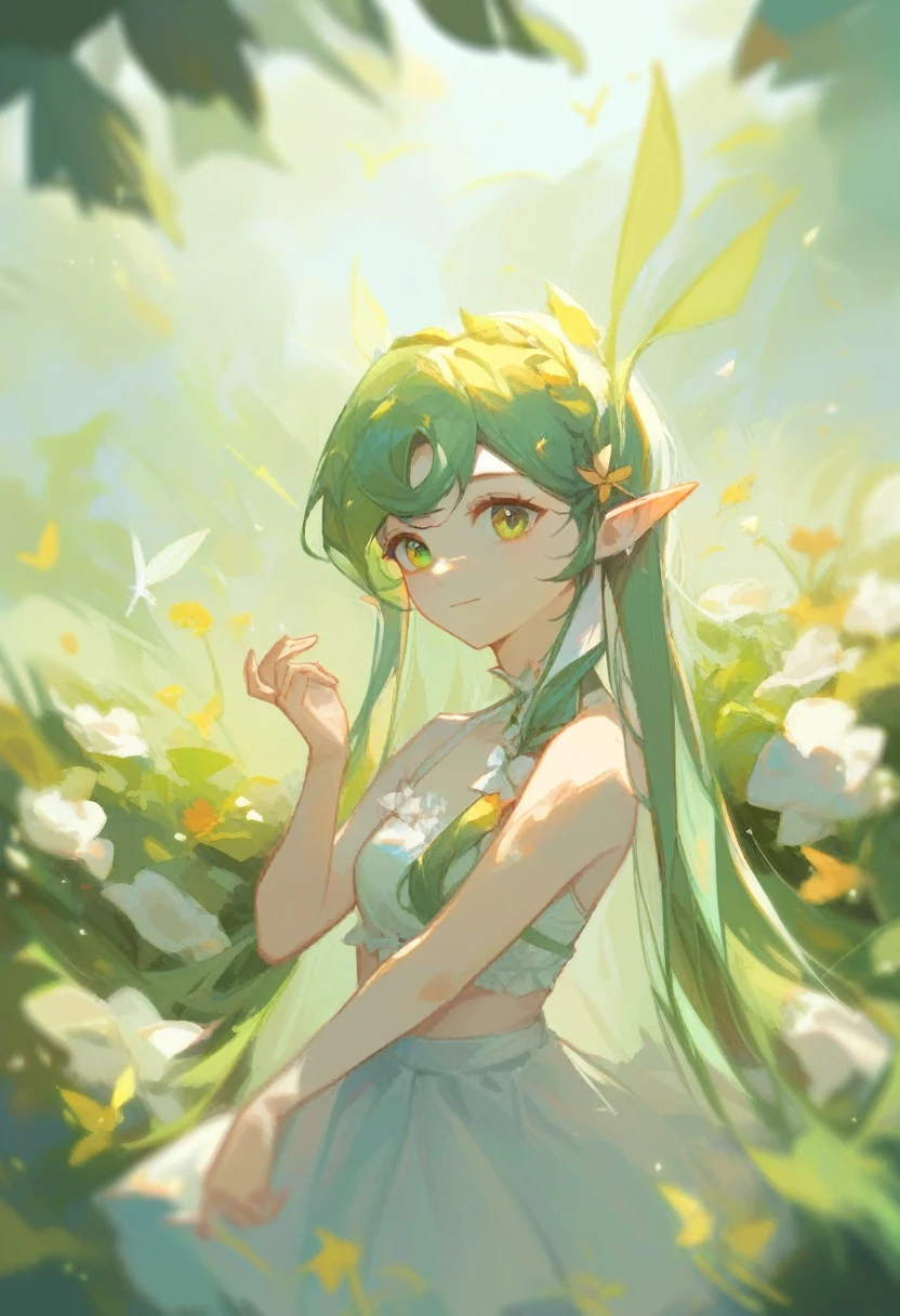 1 girl, very long hair, short skirt, cute, flowers, light, live, upper body, pose, hand up, green hair, fairy 