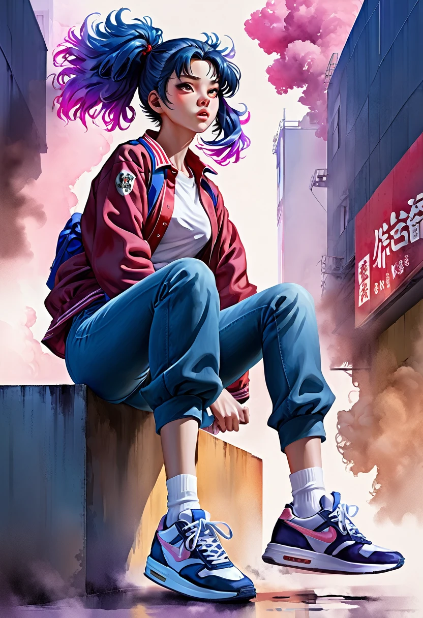 Fantasy digital watercolor painting, Photoshop Watercolor Brushes, One girl, Beauty, sneakers, whole body, High School Uniform:2, Jujutsu Kaisen, Your Name, NewJeans, Korean Girls, Retro Wave,Ahoge, Dramatic lighting from below, Bomb Hair