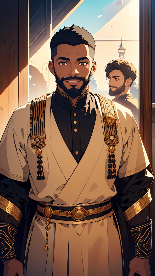 African,man1,(black skin),round face,brown eyes,black hair,(fade haircut,beard,smile),upper body,arms,waist belt,(black Arabic costume for man),highly detailed CG, unit, 8K wallpapers, highest quality, high resolution, beautiful lighting, realistic shadow,detailed face Highly,detailed eyes Highly,detailed hair Highly