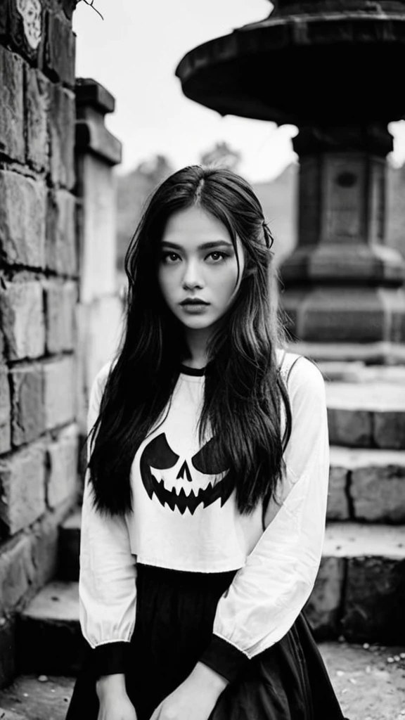 Portrait MagMix Girl look at camera, long hair, grunge gothic with Grave walls, a classic halloween fountain counter, and vintage gringe posters, face lightning, analog film photo, unusual fashion choices, unusual hairstyles choices, pale skin, Korean girl, beautiful girl, black and white outfit, upper image