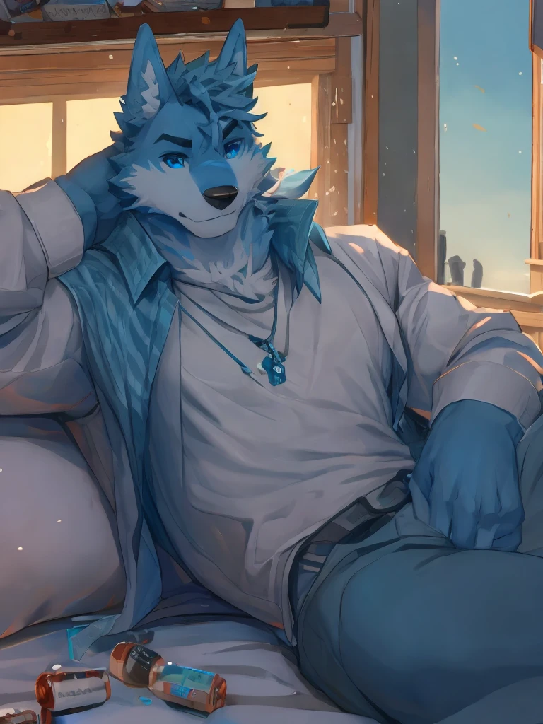 (masterpiece),(best quality),(Ultra-clear picture quality),In a cozy little house,Muscular body, Blue and white fur, Lying in bed, windowsill background,head tilted to one side, sunny, Delicate blue pupils,Wearing grey house clothes, Wolf furry character,There are several empty medicine bottles scattered on the bed