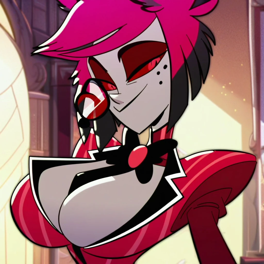 alastor, solo, 1girl, standing, (((huge breasts))), grey skin, red suit, monocle, BREAK score_9, score_8_up, score_7_up, score_6_up, screencap