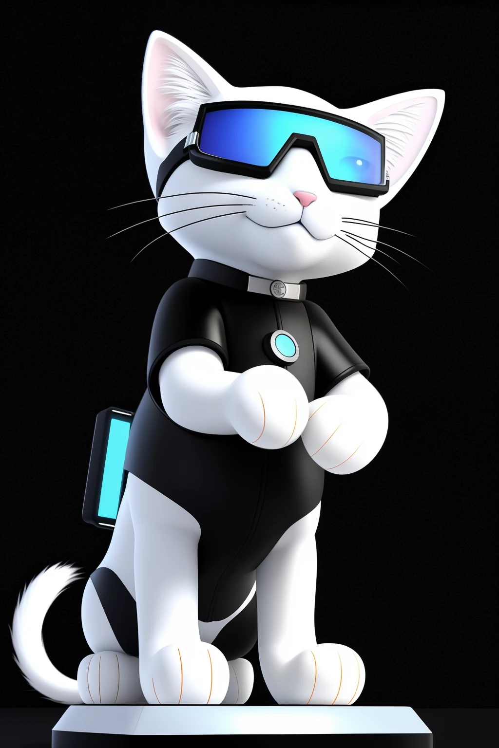 A 3D, detailed cartoon young cat scientist beams with energy against a pure black background. Its sleek, neatly combed black fur is a stark contrast to its vibrant, warm demeanor. donning a pair of goggles with an unusual anal bone shape, the cat scientist's curiosity is further accentuated. It wears billowing blue technological clothing, a testament to its innovative spirit. With a friendly smile, the cat scientist cradles a high-tech pet health scanner, showcasing its dedication to the well-being of its colleagues, furred or otherwise. Embracing its technologically advanced environment, this energetic, warm, and intelligent cat scientist character stands out
