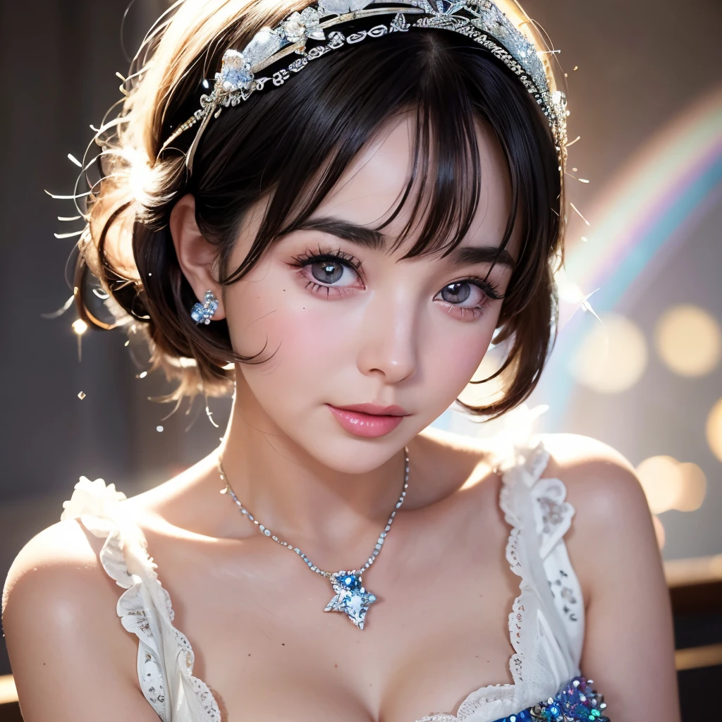 NSFW, 8k, High-level, absurd, masterpiece, best quality, primitive, very detailed CG, very detailed wallpaper, perfect lighting, Extremely detailed (((The personifying " Anne Hathaway " as a Little Girl))), MysticSight, Tyndall effect, Tyndall scattering, Studio gray background with (many Dazzling RainbowColor particles BokeH:1.28), (RoundlyButts, ThighGap), (Exposed:0.4), (Assfocus with looking ahead), BREAK (NOGIZAKA face variations) Extremely Detailed very KAWAII face variations, perfect anatomy, Childish, captivating gaze, elaborate detailed Eyes with (sparkling highlights:1.28), long eyelashes、Glossy RED Lips with beautiful details, Coquettish tongue, Rosy cheeks, Radiant PearlSkin with clear transparency . { (Dynamic LifeLike expressions:1.4) | :d) }, (large eyes:-1) .