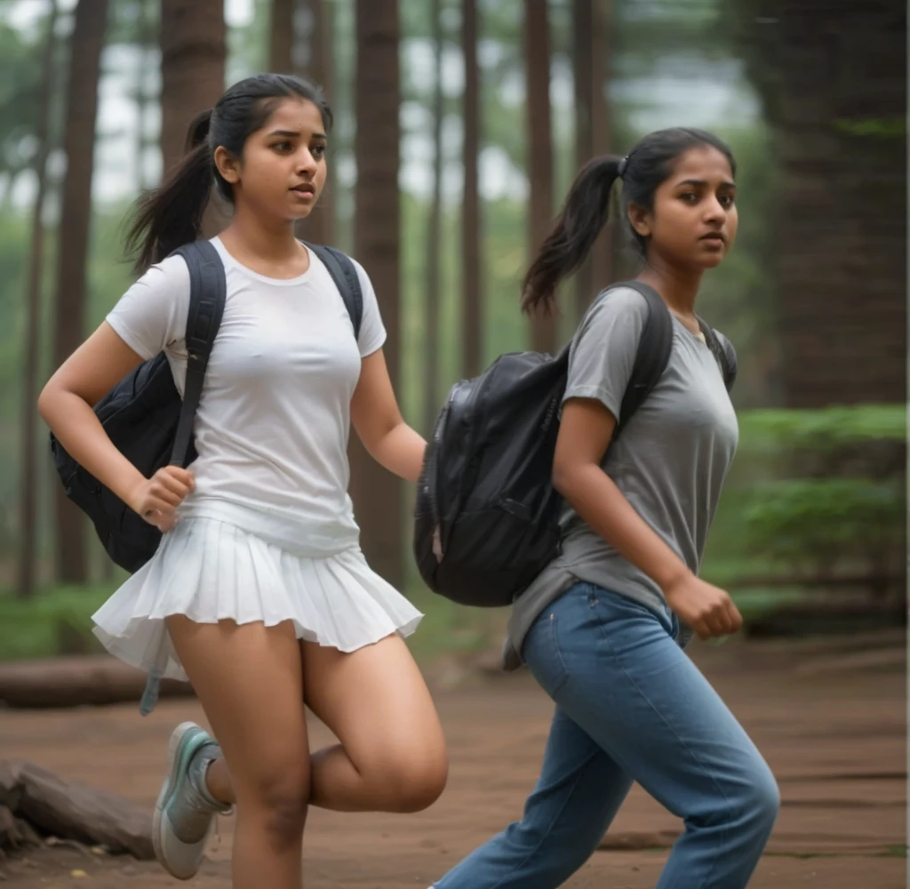 Two indian girls running,one thick pale skinned girl in white microminiskirt.one thin dark skinned girl in loose jeans