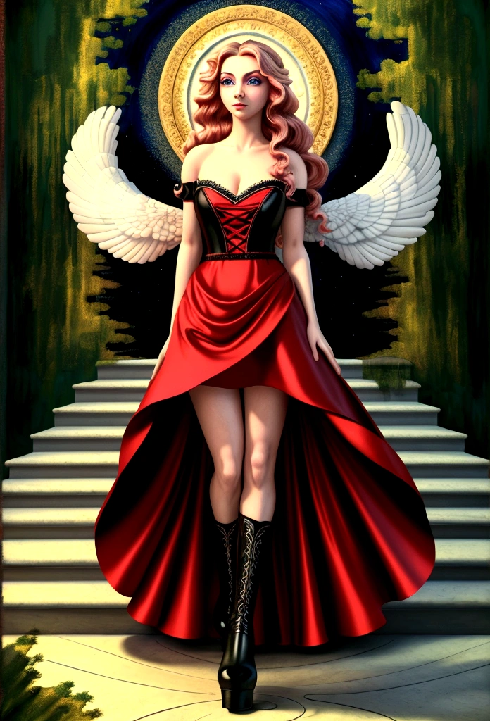 Arafed, a picture of a female angel in high society prom event, divine beautiful female angel, pink hair, long hair, flowing hair, the hair glows in a soft light, cerulean eyes, deep light eyes, divine beautiful face, (spread white feather wings: 1.1), she wears a ((red and black evening dress: 1.2)), elegant, intricate detailed dress, silk dress, small cleavage, some crystals on the dress, she wears elegant knee high heeled boots, exquisite high heeled boots, she stands on the porch of a fantasy castle, dynamic angle, soft torch light, (Masterpiece: 1.5), 16k, highres, best quality, high details, ultra detailed, masterpiece, best quality, (extremely detailed), AngelStyle, GlowingRunesAI_paleblue, angel_wings, Angel, 3d rendering