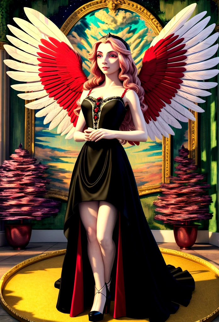 Arafed, a picture of a female angel in high society prom event, divine beautiful female angel, pink hair, long hair, flowing hair, the hair glows in a soft light, cerulean eyes, deep light eyes, divine beautiful face, (spread white feather wings: 1.1), she wears a ((red and black evening dress: 1.2)), elegant, intricate detailed dress, silk dress, small cleavage, some crystals on the dress, she wears elegant knee high heeled boots, exquisite high heeled boots, she stands on the porch of a fantasy castle, dynamic angle, soft torch light, (Masterpiece: 1.5), 16k, highres, best quality, high details, ultra detailed, masterpiece, best quality, (extremely detailed), AngelStyle, GlowingRunesAI_paleblue, angel_wings, Angel, 3d rendering