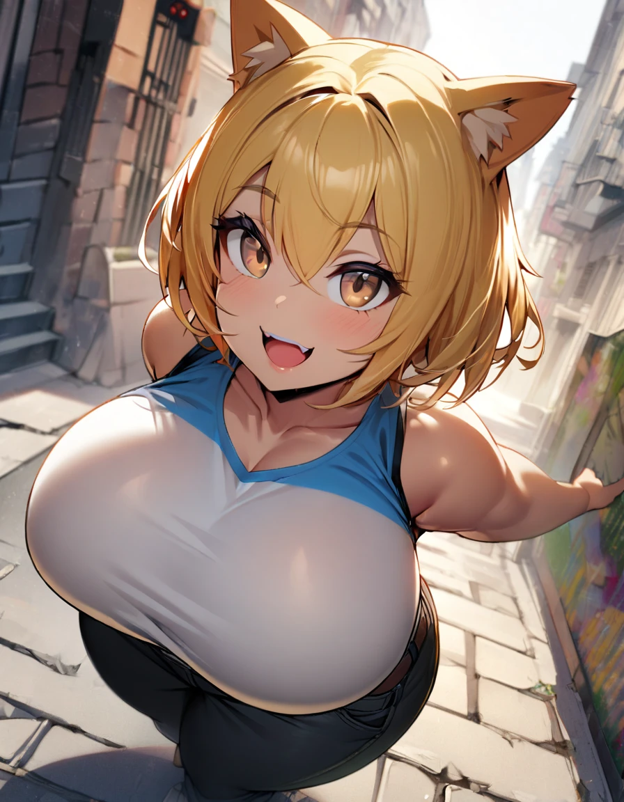 1girl,solo,Yellow hair color,short hair,shirt,pants,light brown eyes,chubbily ,huge breasts,whipped thighs,Cat ear,cat mouth,smile,Open mouth,open eye,double tooth,Taken from the viewpoint above, looking at viewer,upturned eyes,street Background,SFW,perfect,high quality,faultless,