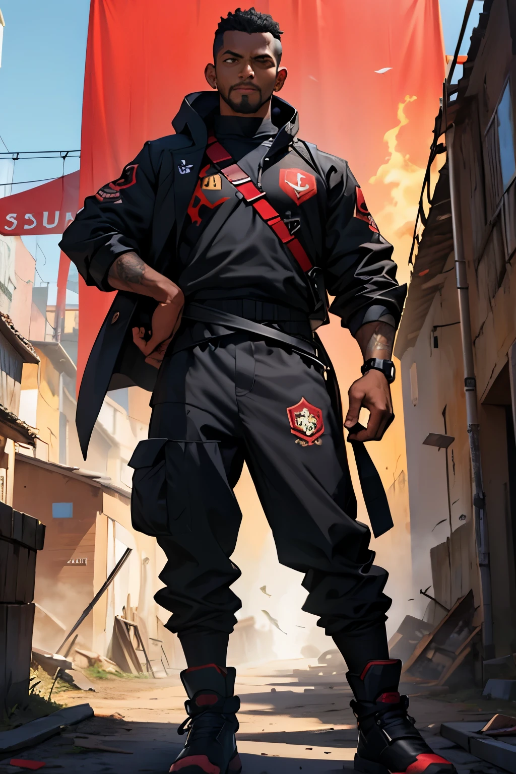 Soldado usando roupa tatica preta e vermelha, bravo e habilidoso, he is the best, destruction in the background, hd ultra realista