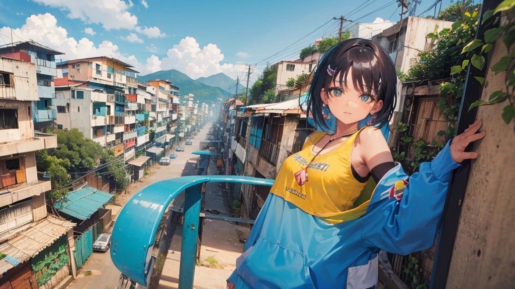 favela scene with a hip hop girl in the background