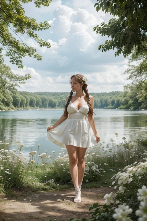 Full body image, A girl in a thin white dress and big breasts stands on a reef by the lake (contrapposto) (counterpoise),very long braided ponytails, flowers in her hair, white stockings, Hazy picture,The background is paste and forest,The forest is full of white flowers and leaves, small white birds flying in the background. Cloudy sky.