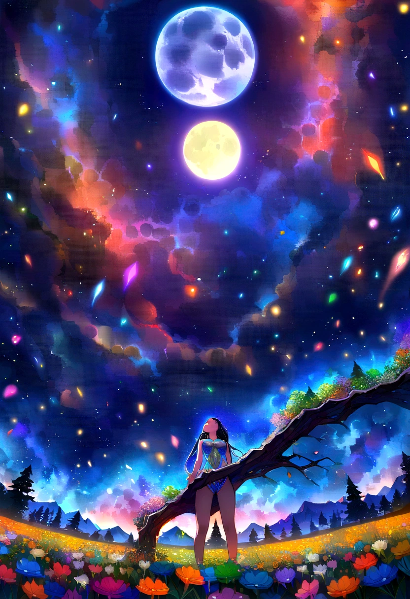 expansive landscape photograph , (a view from below that shows sky above and open field below), a girl standing on flower field looking up, (full moon:1.2), ( shooting stars:0.9), (nebula:1.3), distant mountain, tree BREAK
production art, (warm light source:1.2), (Firefly:1.2), lamp, lot of purple and orange, intricate details, volumetric lighting BREAK
(masterpiece:1.2), (best quality), 4k, ultra-detailed, (dynamic composition:1.4), highly detailed, colorful details,( iridescent colors:1.2), (glowing lighting, atmospheric lighting), dreamy, magical, (solo:1.2)