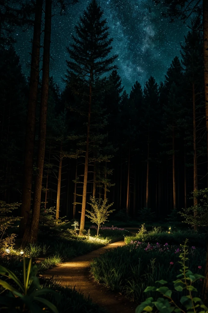 dark secret grove in a forest, garden, lush, floral, botanical, romanticism, moody, space, stars, night time, night sky, dark colors, complicated land, open sky