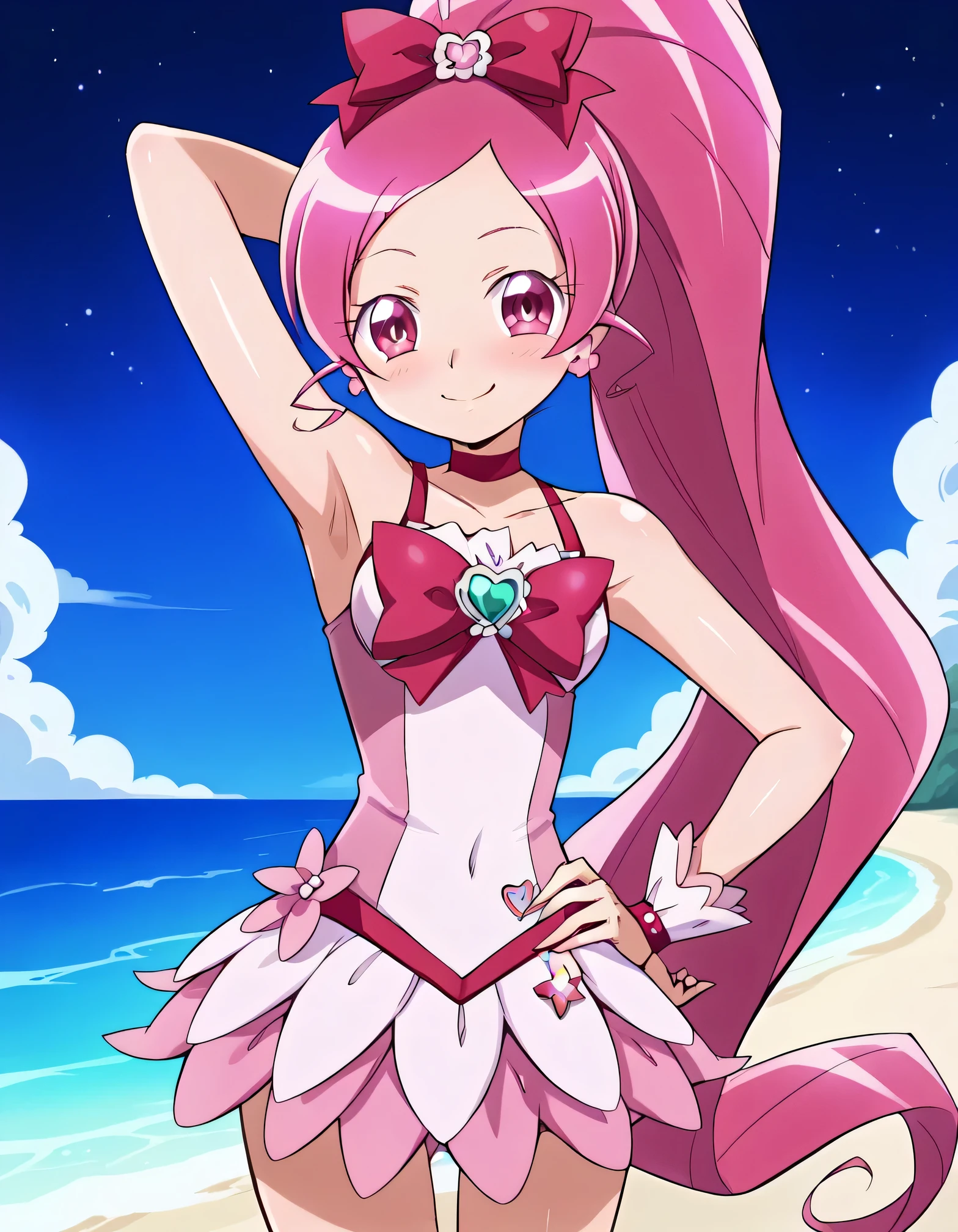 cureblossom, shiny skin, high quality, solo, 1girl, night sky, beach, arm behind head, hand on hip, sexy, (contrapposto), closed mouth, spread armpits, cowboy shot, looking at viewer, smile, best quality, blushing,