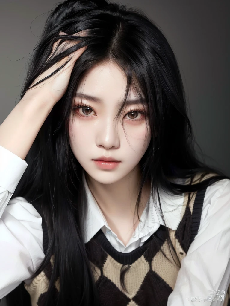 ((best quality)), ((masterpiece)), (detailed), perfect face,huge breasts:1.6, 1 woman, black long straight hair,delicate hair,See below, skin whitening, Black sweater,