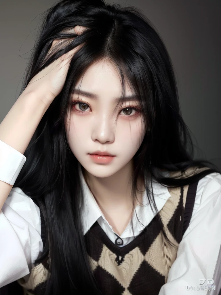 arafed woman with long black hair and a sweater vest, ulzzang, with long hair and piercing eyes, realistic. cruel korean goth girl, captured on canon eos r 6, korean woman, sharp looking eyes, threatening expression, black hair, korean face, soft portrait shot 8 k