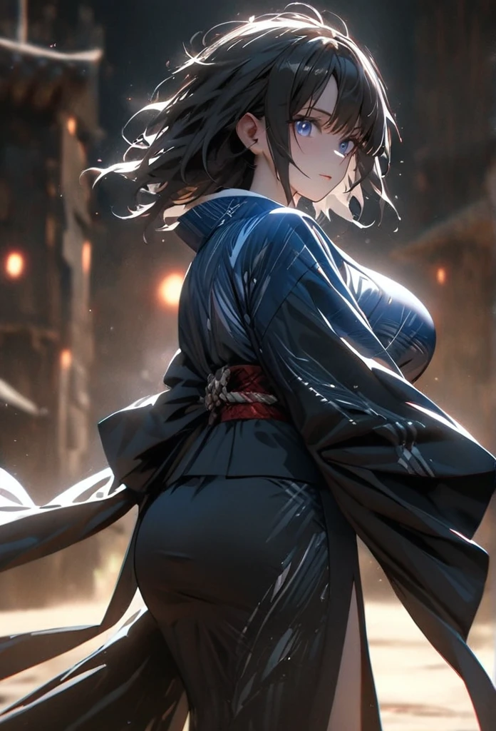 (solo), pitch black hair, messy hair, mane hair, short hair, dense hair, wild hair, expressive hai,(25 year old), pale skin, ((Female)), blue eyes, beautiful girl, wearing a white and blue decoration kimono, beautiful, attractive, huge breast, big ass, Yin, eye reflection, depth of field, thunder aura, cinematic lighting, ray tracing, depth of field, cinematic lighting, ray tracing, UHD, high details, best quality, highres, high quality, award winning, super detail, masterpiece, 8k, UHD, high details, best quality, highres, high quality, award winning, super detail, masterpiece, 8k, digital art, anime coloring, body shot, full body, back shot, good face, perfect face, detailed face, good eyes. The background is space. A blackhole in the background.