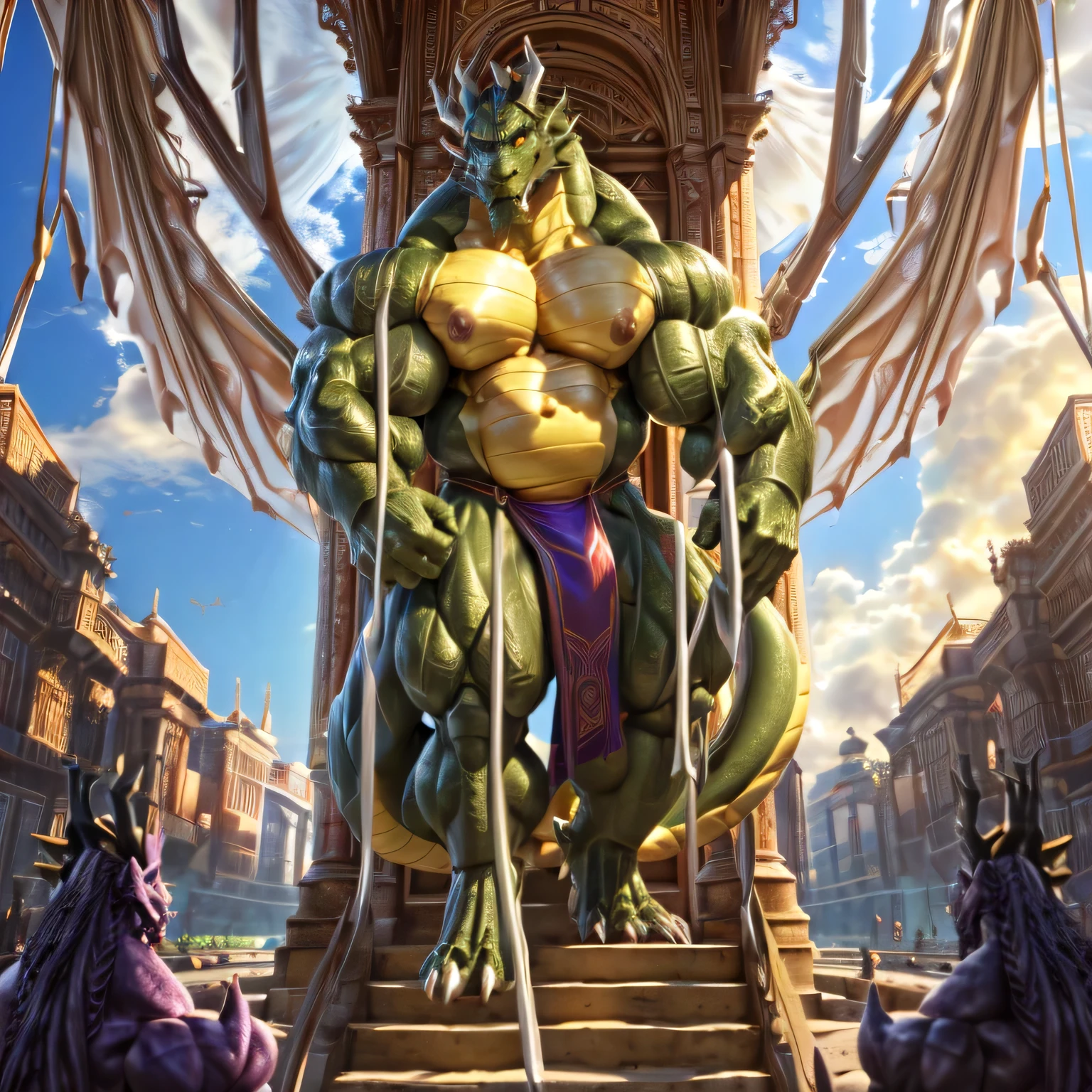 shendu, eastern dragon king, male dragon, eastern dragon,hefty body, with very big muscles, hulking, huge, colossal body, extremely strong, huge abdominal muscles, hefty abs, pecs, plump big muscle abs, Strong and robust muscle abs, daddy body muscle-gut abs, massive prominent muscle abs, sharp claws, legs, feet, full body, loincloth, nipples, sunlight, daylight, outdoor, bright , at noon, good weather, 4k, best quality, dragon eyes