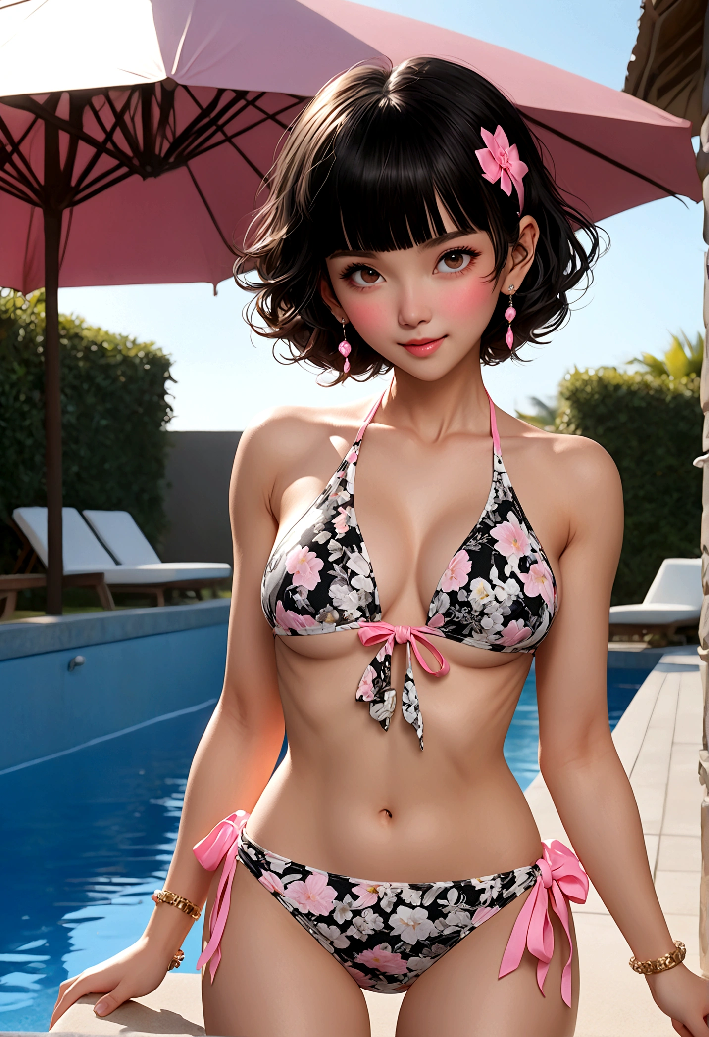 (In 8K、RAW shooting、highest quality、Masseter muscle part:1.2)、Super detailed、super resolution、(realistic、realistic:1.37)、portrait、High-definition RAW color photo、professional photography、very detailed and beautiful、very detailed、8K image wallpaper、amazing details、huge file size、official art、very detailed CG Unity 8K wallpapers、hvery detailed beautiful girl、very detailedな顔、very detailedな目、very detailedな肌、very detailedな指、hvery detailed nose、Very detailed、perfect anatomy、detailed background、detailed clothing、(((1people girls and guys1people)))、40 generations、neat woman、Realistic body shape、small、white skin、glowing skin、sexy woman、black hair、((short hair))、(well-groomed bangs: 1.4)、cute face、lifelike face、delicate eyes、((stylish poolside))、((white and black pattern bikini))、((A woman standing with her legs spread wide))、wet body、((restrained))、earrings、necklace、bracelet、((small and beautiful pink areola))、((face turned to the side))、((Woman closing her eyes and yawning loudly))、contrapo、dynamic lighting、((firm B cup))、((excited look))、