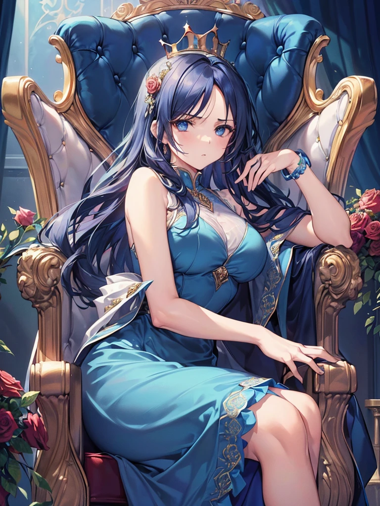 (Best image quality, masterpiece:1.2), (Ultra high definition illustration), (Very beautiful mature queen:1.3), (1 Girl:1.2), alone, (Shoot from very low:1.3) ,(Condescending look:1.3), (Gorgeous sleeveless queen blue dress with roses:1.3), Sit on the throne chair, Queen&#39;s Crown, whole body, Round baby face, (Glasses, Blonde short cut), (White thigh-high pantyhose:1.2), (Wicked Smile, Mean face, Mesgaquismiles), Luxurious palace room, Fancy Room, RPG Royale,