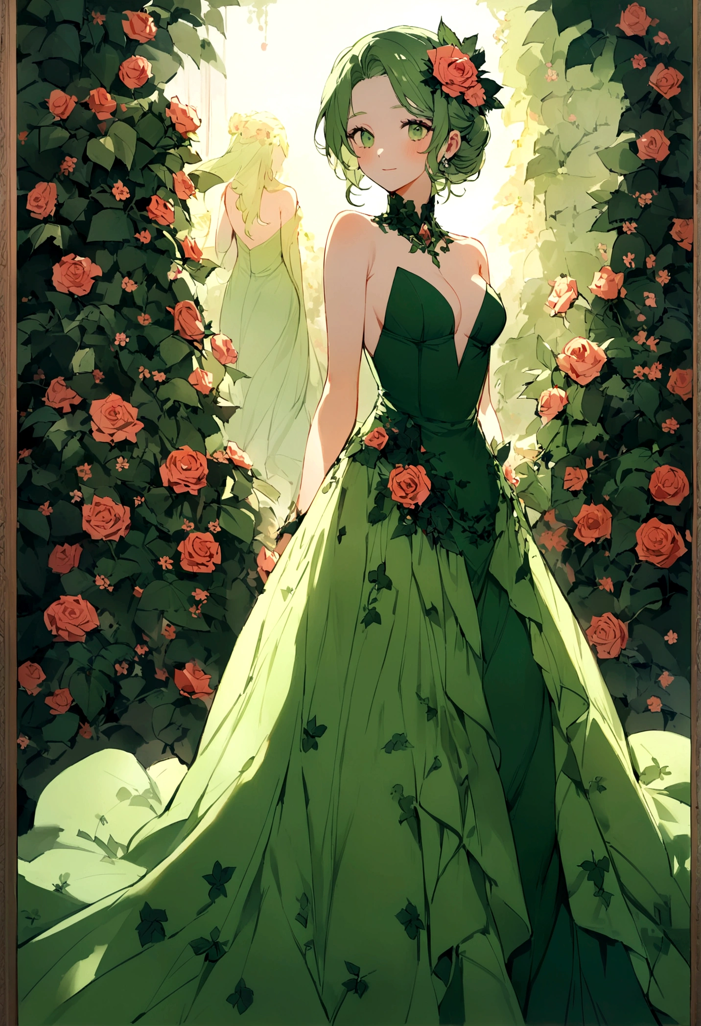 Poison Ivy (long green evening dress, over exposed, safe for work), stealing all the attention, formal affair, lots of flowers
