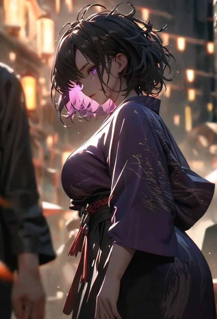 (solo), pitch black hair, messy hair, mane hair, short hair, dense hair, wild hair, expressive hai,(25 year old), pale skin, ((Female)), purple eyes, beautiful girl, wearing a black and purple kimono, beautiful, attractive, huge breast, big ass, Yin, eye reflection, depth of field, thunder aura, cinematic lighting, ray tracing, depth of field, cinematic lighting, ray tracing, UHD, high details, best quality, highres, high quality, award winning, super detail, masterpiece, 8k, UHD, high details, best quality, highres, high quality, award winning, super detail, masterpiece, 8k, digital art, anime coloring, body shot, full body, back shot, good face, perfect face, detailed face, good eyes. The background is space. A blackhole in the background.