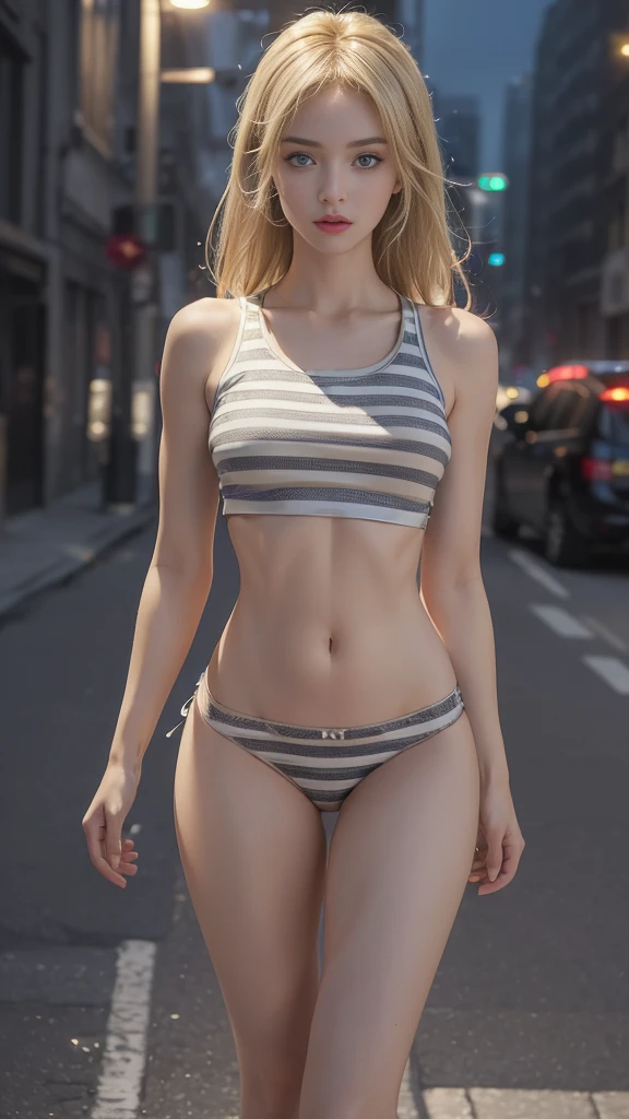 ((Realistic lighting, Best quality, 8K, Masterpiece: 1.3)), Clear focus: 1.2, 1 girl, Perfect Figure: 1.4, Slim Abs: 1.1, See through, tight clothing, ((Blonde hair)), (panties: 1.4), (Striped crop top: 1.4), (Outdoor, Night: 1.1), City streets, Super fine face, Fine eyes, Double eyelids,