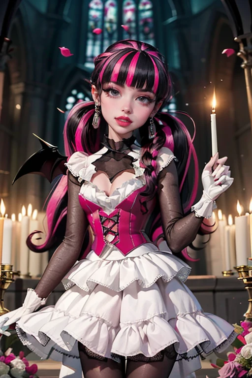 ((high quality)), ((Work of art)), (more detail), 1girl, succubus, centered, a girl with a bat wings, wedding dress, award winning upper body portrait, cowboy shot, Draculaura_MH, solo, black half hair, pink half hair, multicolored hair, long hair, wave hair, braided hair, holding a bouquet, white shirt, white skirt, pink knee boots, sad expression, gothic church , gothic architecture, church scenery, candles, white roses, depth of field, cinematic composition, half black hair, half soft pink hair, wave hair, Standing at the altar, white roses, smile, vampire fangs, wedding dress, bat wings, white dress, white dress with transparency, pink laces, white gloves, white high socks, pink high hills boots, bat jewelry, jewelry, grass, white roses on focus, Draculaura_(monster high), Monster High, looking at the viewer, more details on the clothes, petals in the air