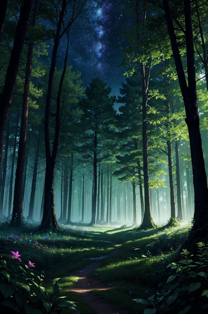 dark secret grove in a forest, garden, lush, floral, botanical, romanticism, moody, space, stars, night time, night sky, dark colors, complicated land, open sky