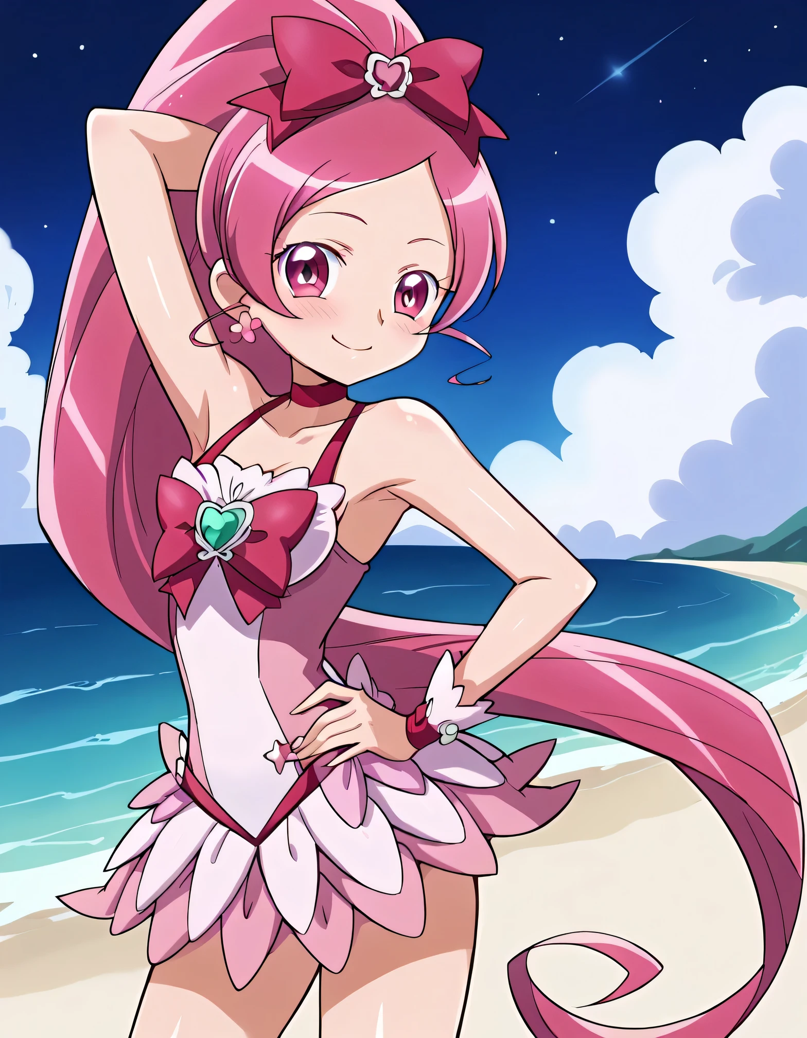 cureblossom, shiny skin, high quality, solo, 1girl, night sky, beach, arm behind head, hand on hip, sexy, (contrapposto), closed mouth, spread armpits, cowboy shot, looking at viewer, smile, best quality, blushing,