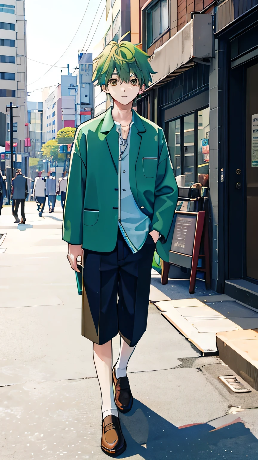 1 boy, green hair,brown eyes, whole body, Seoul Hongdae street background, half and half light blue shirt