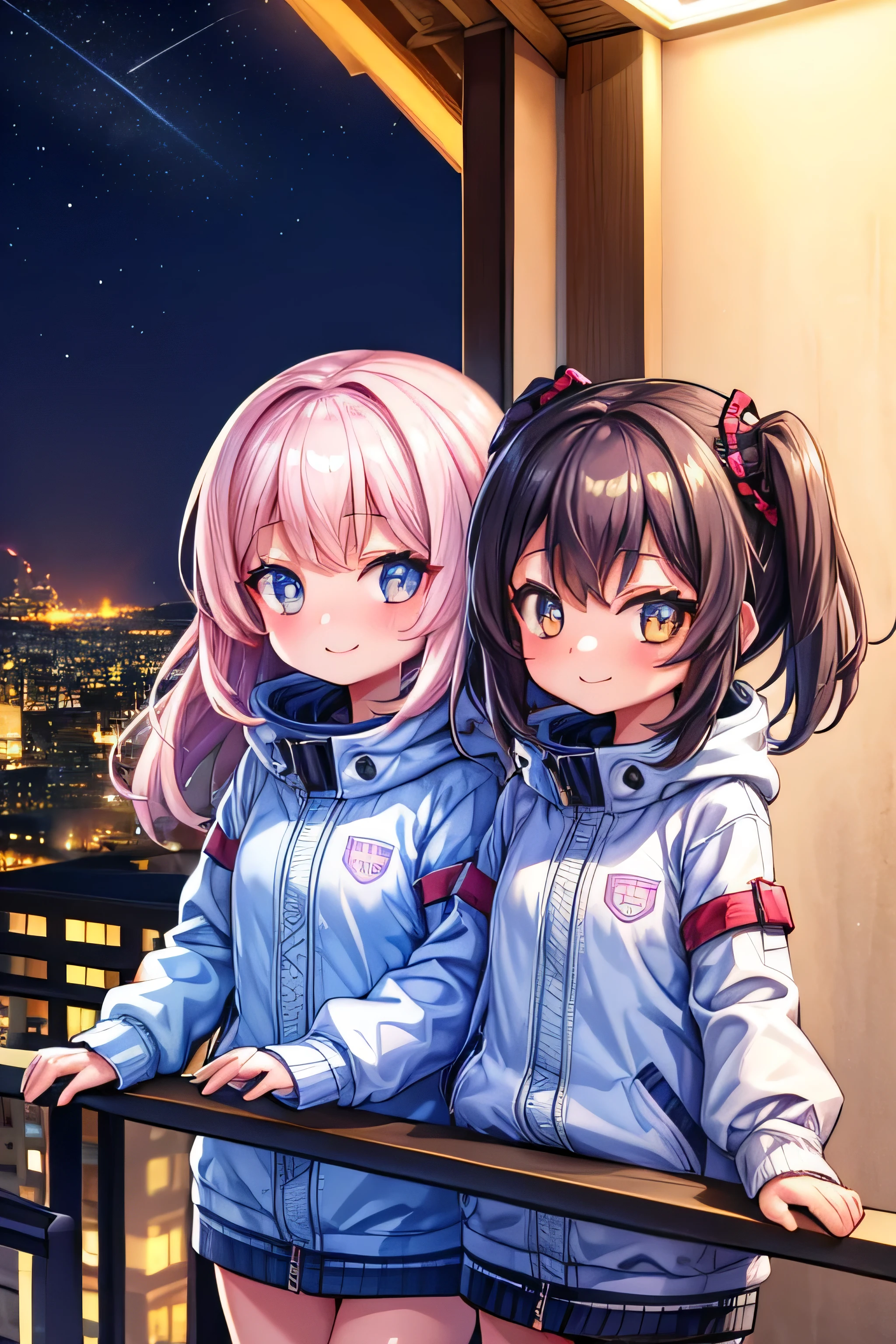 Two girls in jackets on a balcony at night looking at the viewer con una sonrisa